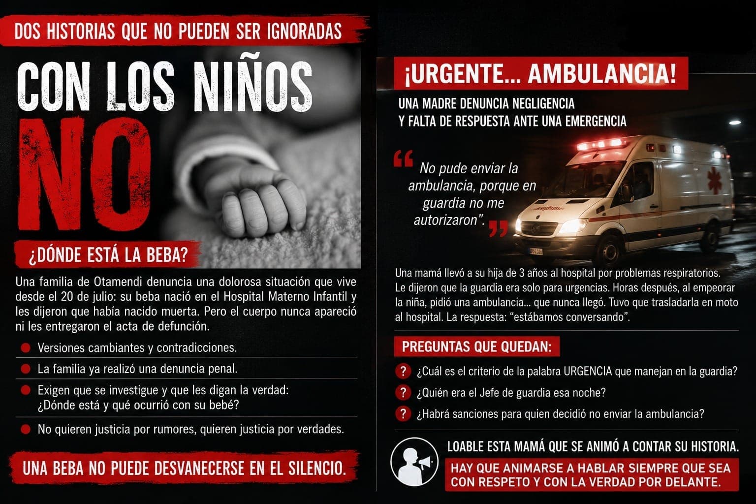 Dos denuncias que exigen respuestas: una beba desaparecida y una ambulancia que nunca llegó
